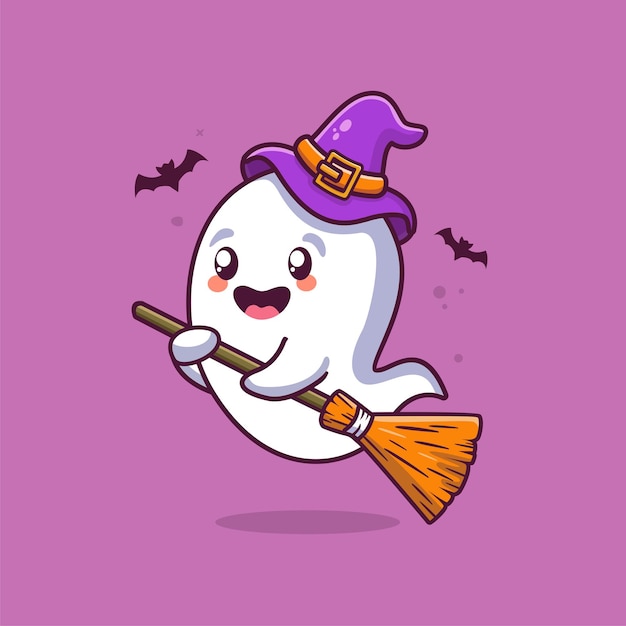 Fantasma di halloween con illustrazione di scopa cartone animato fantasma che indossa cappello da strega
