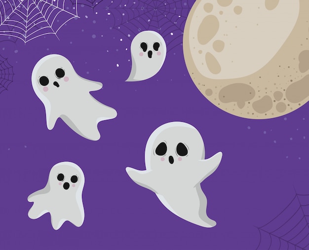 Cartoni animati di fantasmi di halloween con design luna, vacanza e tema spaventoso