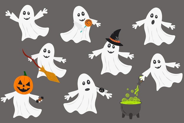 Призраки хэллоуина раскрашивают символы бу на векторной иллюстрации