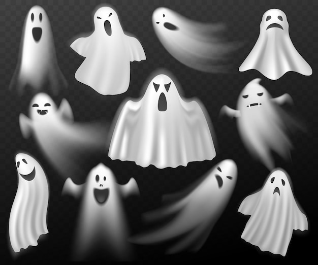 Vector halloween ghosts scary creature white curtain spooks realistic phantoms dead souls characters in fabric capes all saints day mystical death shadows with different emotions vector isolated set