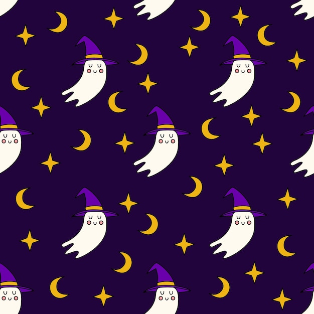 Halloween ghosts seamless pattern. creepy and spooky background. retro doodle halloween background.