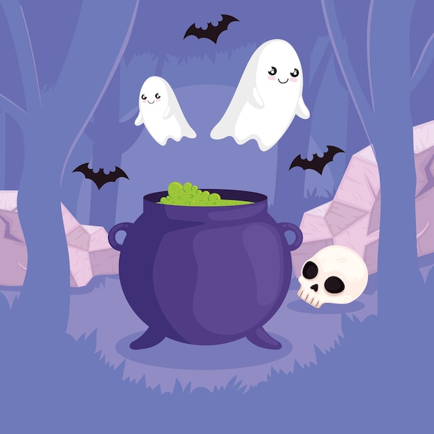 Halloween ghosts with cauldron