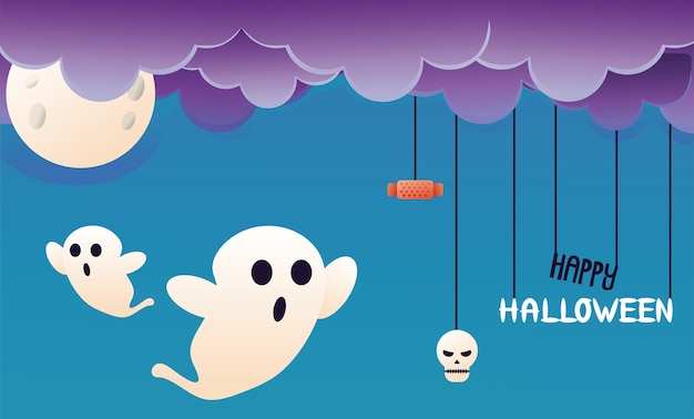 Vector halloween ghosts with clouds and moon scene