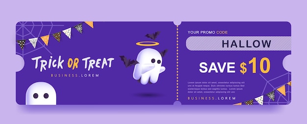 Halloween Gift promotion Coupon banner or party invitation background with cute ghost