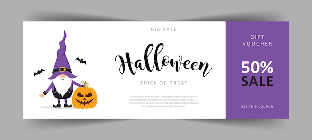 Vector halloween gift voucher commercial discount coupon with cute scandinavian gnome