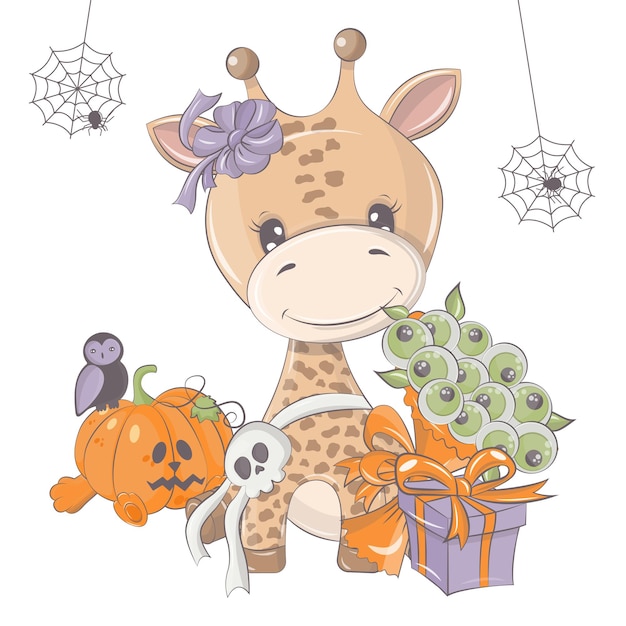 Halloween giraffe illustration with pumpkin. Vector illustration of Halloween animal.