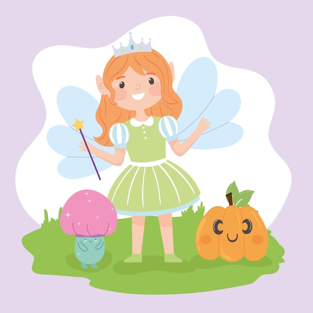 Vector halloween girl in fairy costume and pumpkin