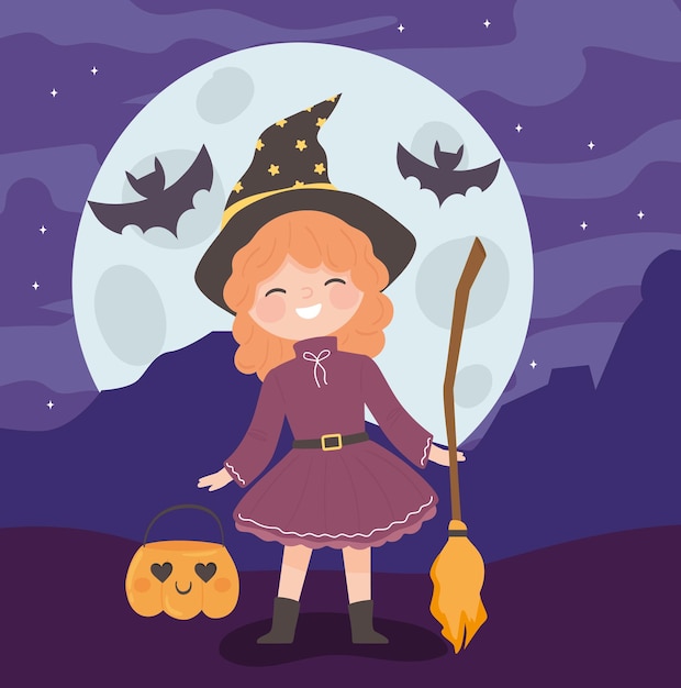 halloween girl witch costume with broom and pumpkin