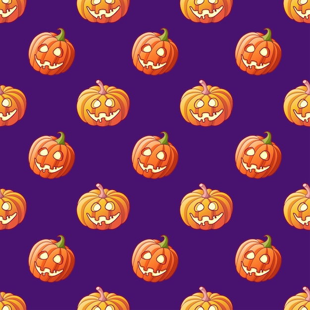Vector halloween glowing pumpkins seamless pattern on violet background cartoon halloween jack lantern