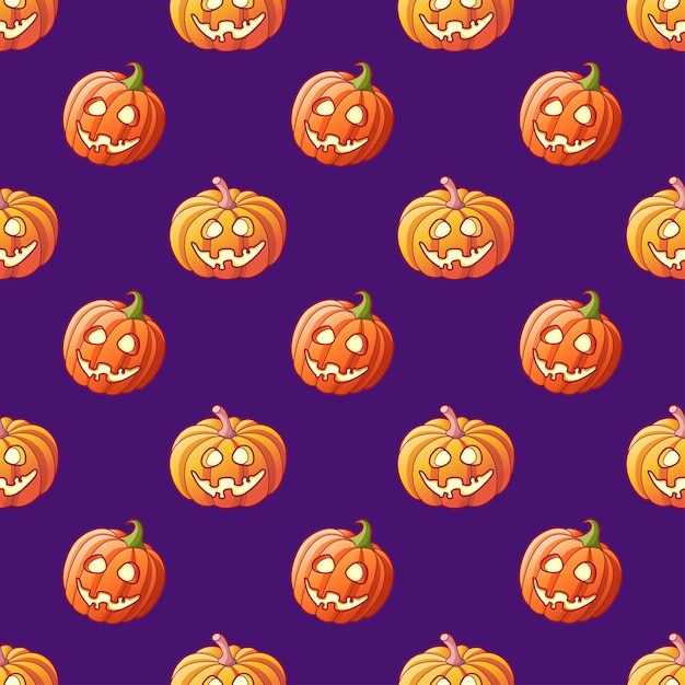 Halloween glowing pumpkins seamless pattern on violet background cartoon halloween jack lantern