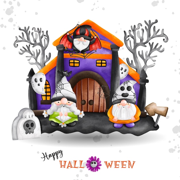 Акварельная иллюстрация гнома Хэллоуина Гном на концепции одежды Хэллоуина Дом с привидениями Дракулы