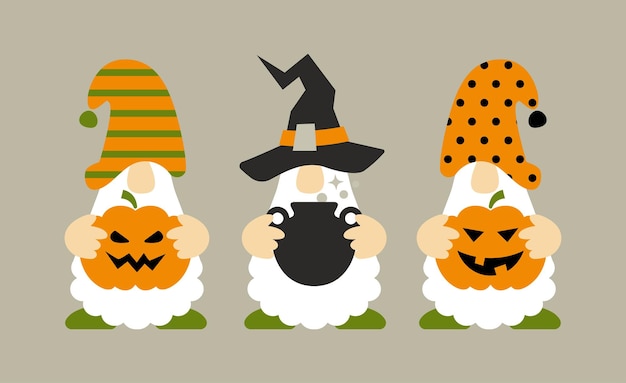 Halloween gnomes with pumpkin jack o lantern pot cute cartoon characters holidays greeting card