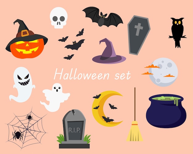 Halloween graphic elements pumpkins ghosts zombie bats witch hat full moon night