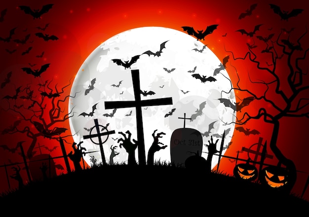 Vector halloween grave on full moon background