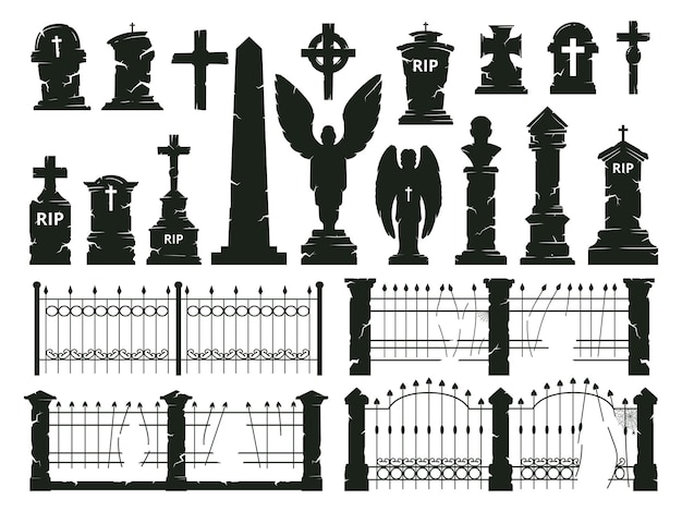 Vector halloween gravestone silhouettes tombstones spooky cemetery crosses and horror halloween decorations flat cartoon vector illustration set churchyard gravestone collection