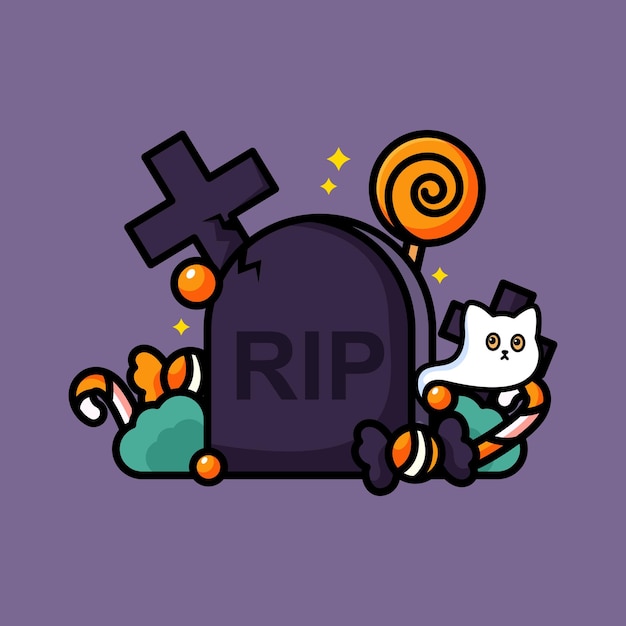 Vector halloween graveyard filled with candy and cat ghost