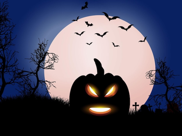 Halloween Graveyard Pumpkin with full moon Night background.