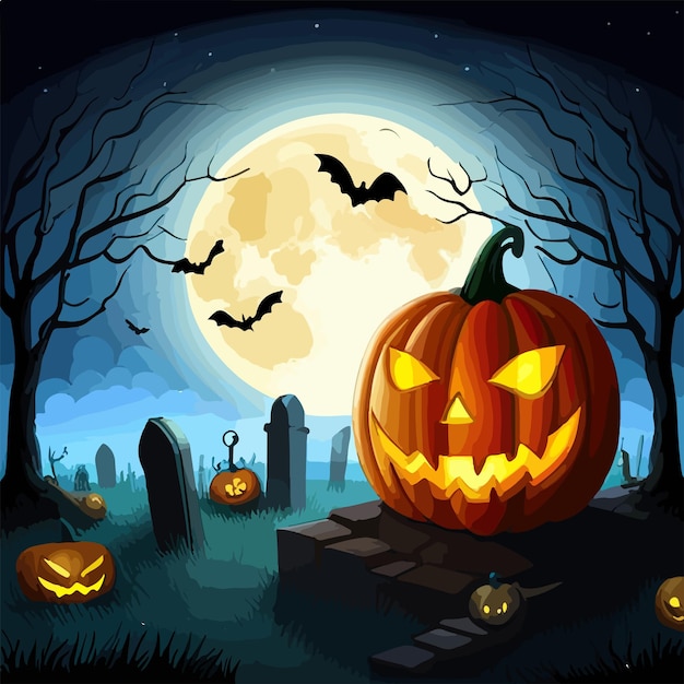 Halloween graveyard scene with pumpkins haunting nightmare halloween background cartoon horror