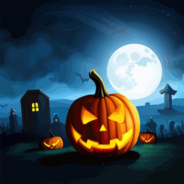 Halloween graveyard scene with pumpkins haunting nightmare halloween background cartoon horror