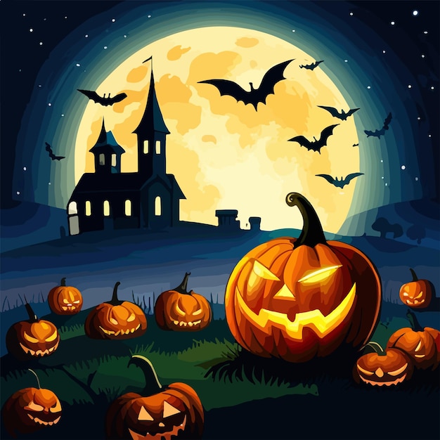 Scena del cimitero di halloween con zucche inquietanti da incubo horror di cartone animato di sfondo di halloween