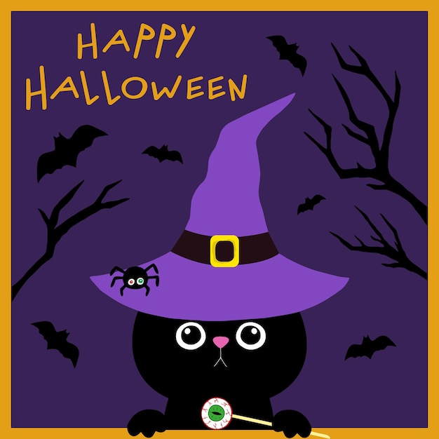 Halloween greeting card of black cat in hat with eye hard candy