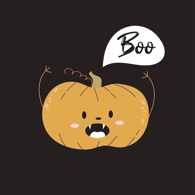 Halloween greeting card Boo with cute scary mascot pumpkin