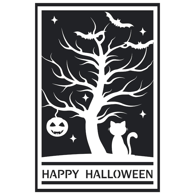 Vector a halloween greeting card vector illustration with a gloomy tree and a black cat design for templates