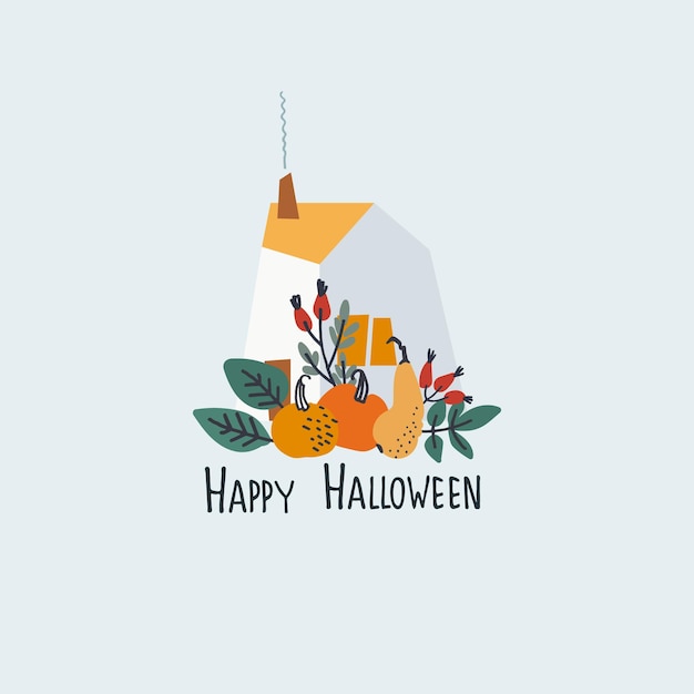 Halloween greeting card Vector illustration with home and pumpkin and lettering Handlettered greeting phrase