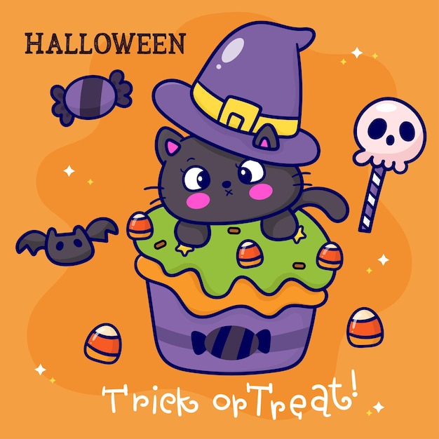 Halloween greeting card with black cat in witch hat cupcake candies and candy Vector illustration