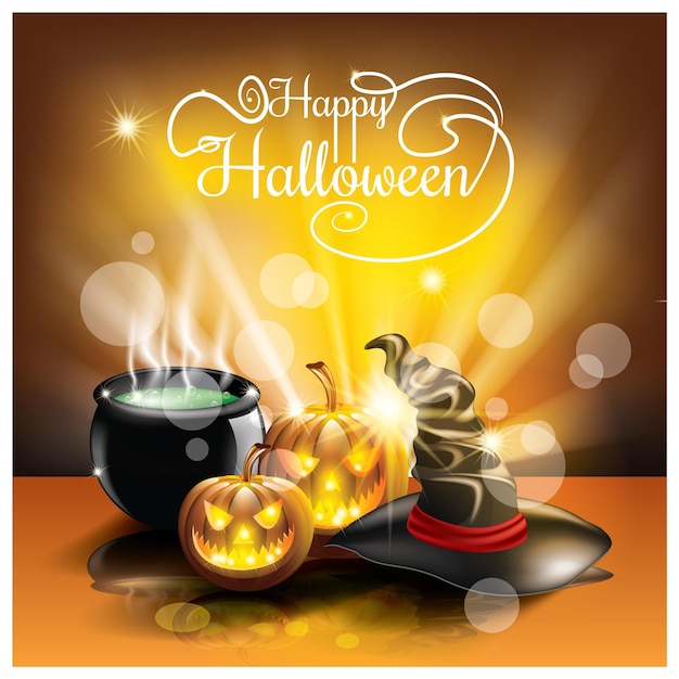 Открытка на хэллоуин со страшными тыквами, волшебными котлами, волшебными зельями и фоном шляпы-призрака