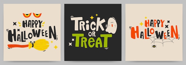 Vector halloween greeting cards or posters set with calligraphy trick or treat ghost