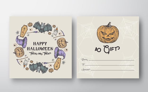 Halloween greeting gift card with typography and pumpkin, bats, spiders and candles wreath