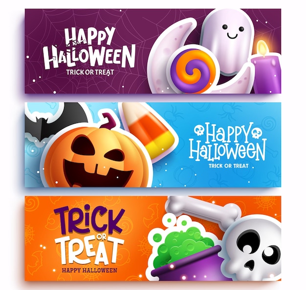 Halloween greeting vector background set. Happy halloween text with horror character and elements.