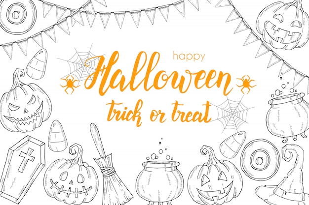 Vector halloween greting card with hand drawn halloween elements
