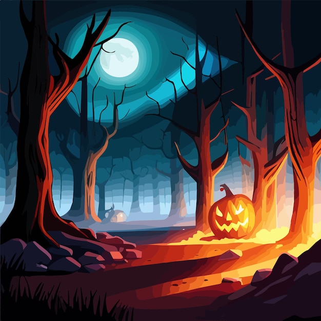 Halloween griezelige achtergrond enge pompoenen scène eng griezelig bos in de donkere nacht herfst van oktober