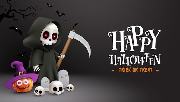 Halloween grim reaper karakter vector ontwerp Happy halloween trick or treat-tekst in de lege ruimte