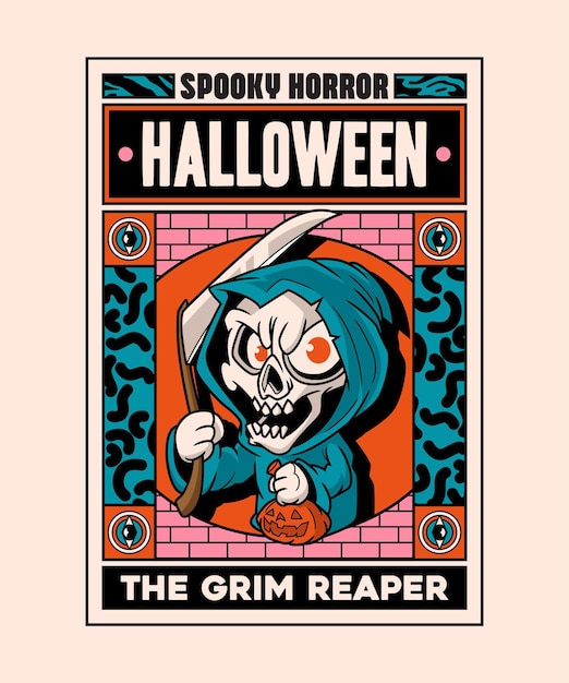 Halloween The Grim Reaper Spooky Horror Cartoon On Art Deco Illustration Style