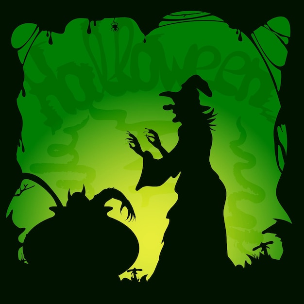 Halloween groene achtergrond met demon en heks