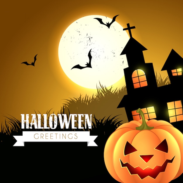 Halloween-groet met enge huis en pompoen