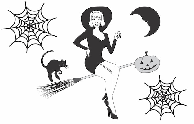 Halloween, halloween-elementen, zwarte kat, heks, spinnenweb,