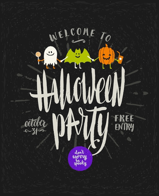 Vector halloween hand drawn illustration. invitation or greeting card with halloween sign and symbols and calligraphy.