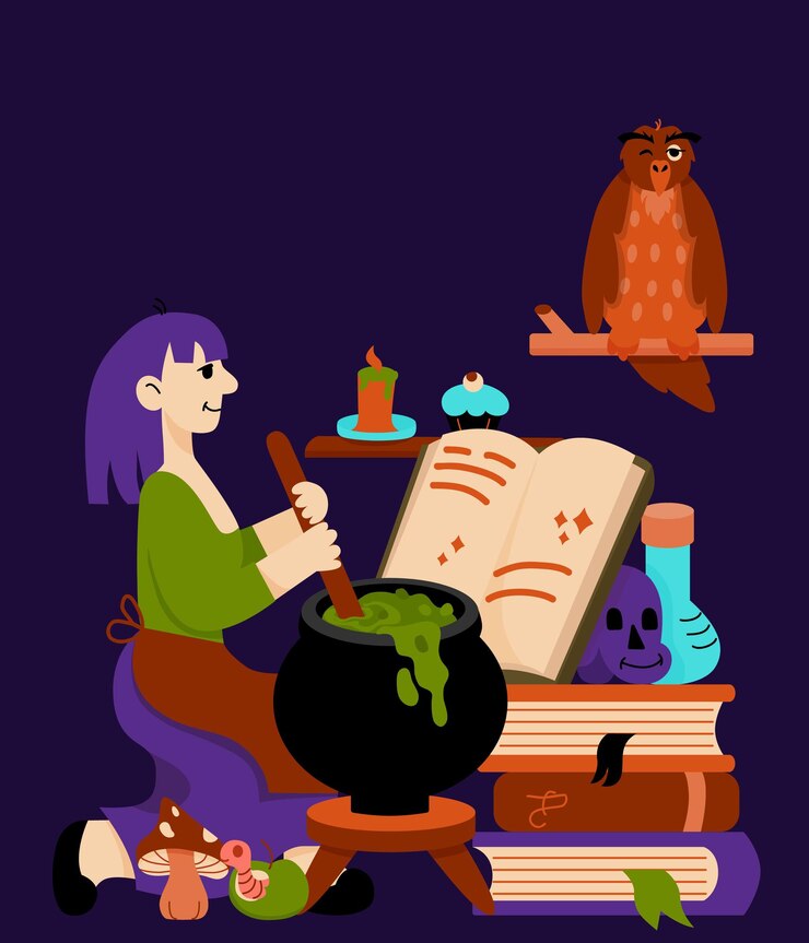 Vector halloween hand drawn illustration with witch and bubbling cauldron the book of spells owl and candle