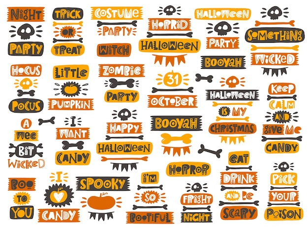 Вектор Набор рукописных надписей на хэллоуин. коллекция цветных эскизов типографики