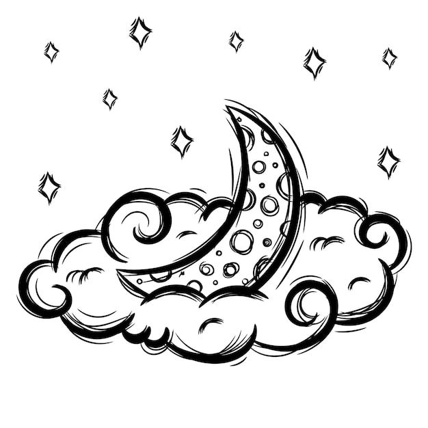 Halloween hand drawn scary moon with stars doodle black sketch