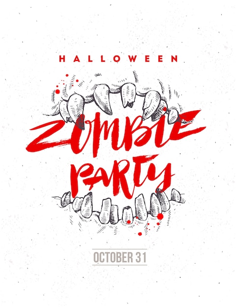 Halloween hand getekende illustratie. zombie partij poster of flyer. kaken van een monster en een kop van de kalligrafie.