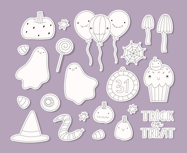 Halloween handgetekende kawaii-personages en vakantieattributen overzicht vectorstickers