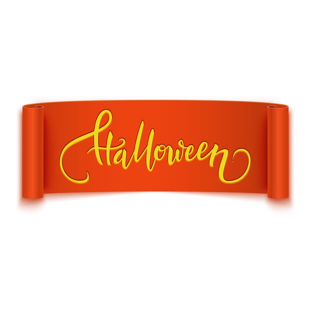 Halloween handwritten calligraphic text on realistic orange ribbon