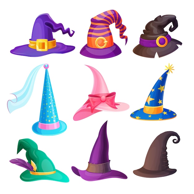 Vector halloween hats isolated set with cartoon caps of witch