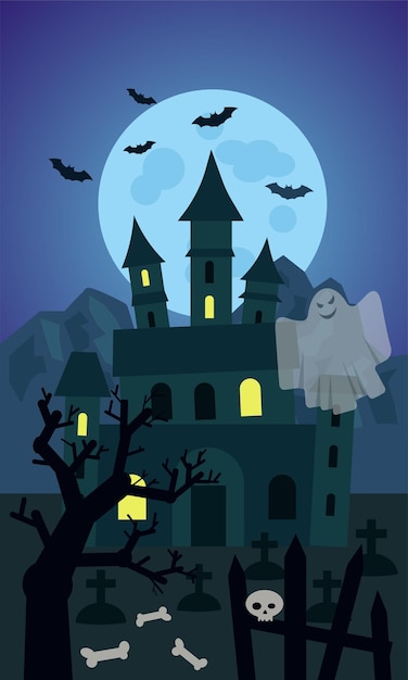 Vettore halloween un'illustrazione di vettore del fumetto di paura di notte del castello infestato