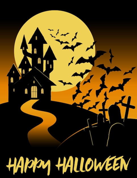Vector halloween haunted castle with cemetery and full moon